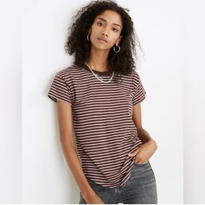 NEW Madewell Whisper Cotton Rib-Crewneck Tee Stripes Brown Purple Women’s Small